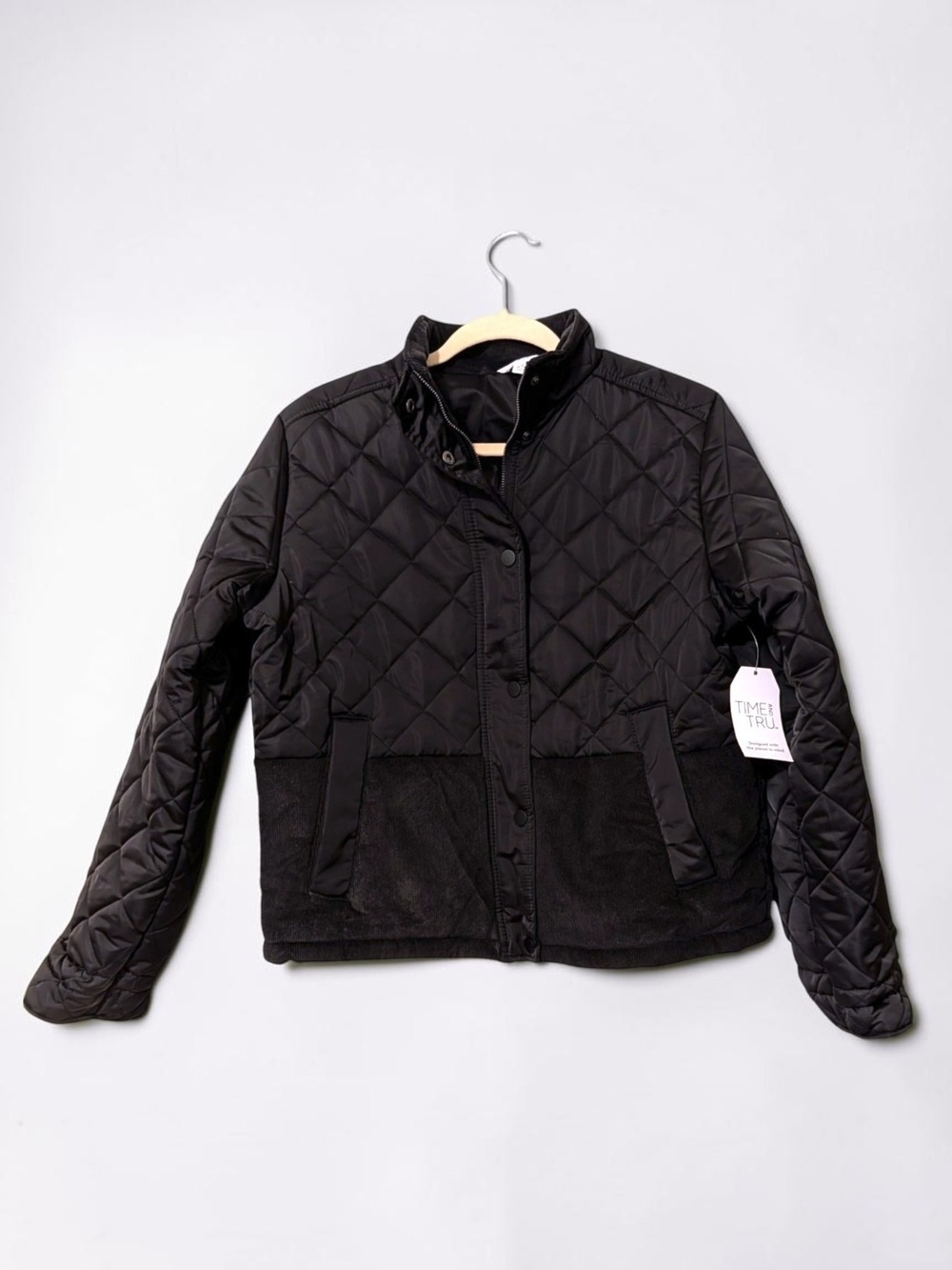 Time and Tru Black Quilted Puffer Jacket Corduroy Panel